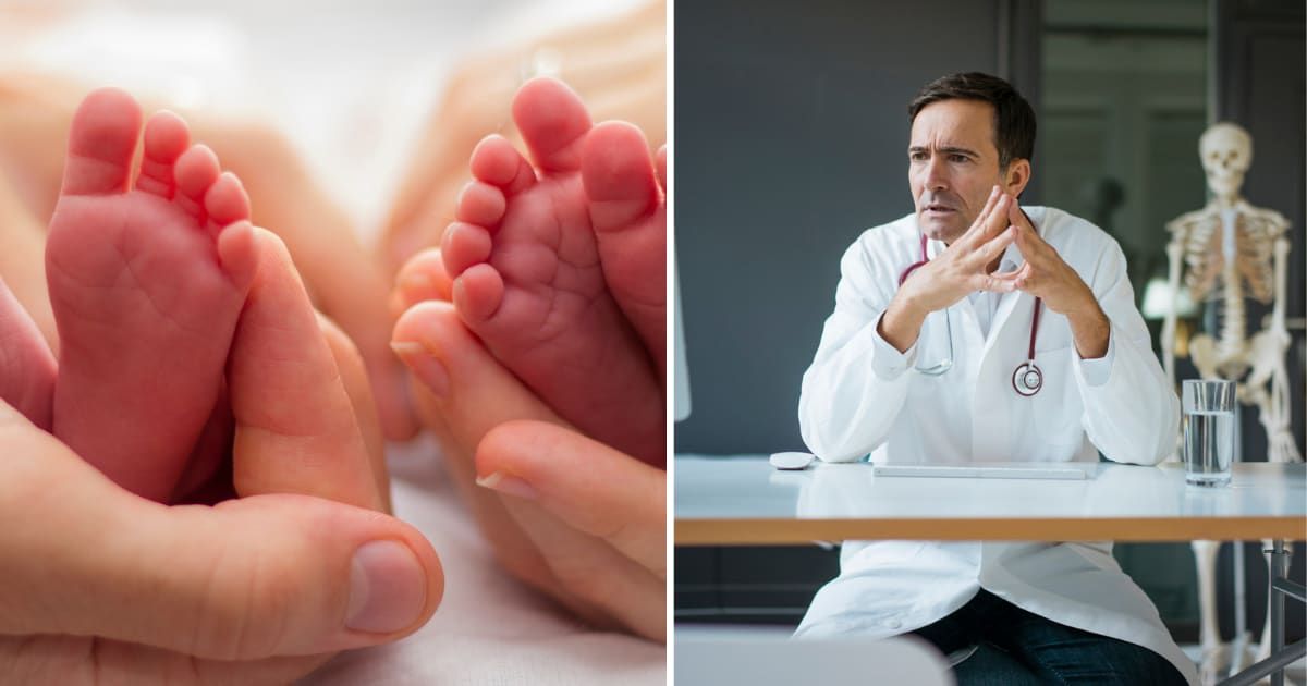 (L) Parents holding feet of newborn twins (R) Doctor sitting with surprised expression on face; Representative Cover Image Source: Getty | stock photo