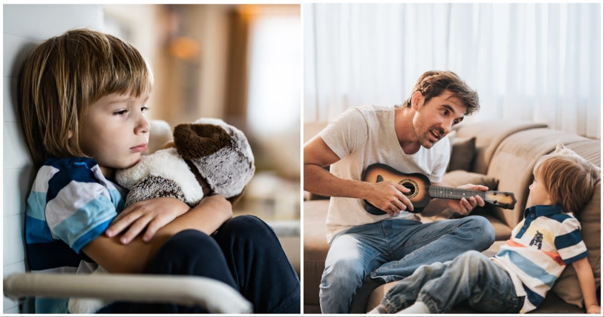 (L ) A little boy grieving the loss of someone ; (R) A father singing a song to his son (Representative Cover Source: Getty Images | Photo by (L) skynesher ; (R) skynesher)