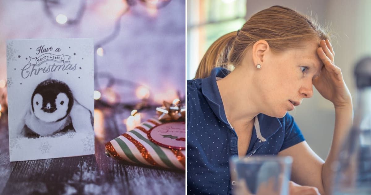 (L) A Christmas card on a table. (R) A woman looking frustrated. Representative Cover Image Source: Pexels | Lisa from Pexels; Alexander Dummer