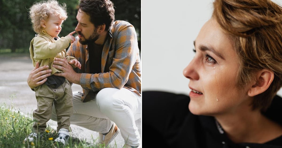 (L) Little boy with his dad. (R) Woman looking ahead with tears in her eyes. Representative Cover Image Source: Pexels | Anna Shvets; Karola G