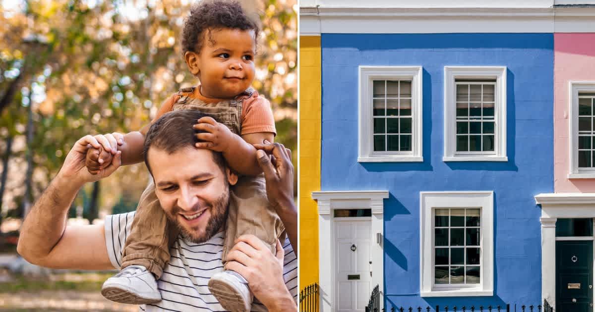 (L) Dad with toddler. (R) House with a blue facade. Representative Cover Image Source: Getty Images | VIJ; Alexander Spatari
