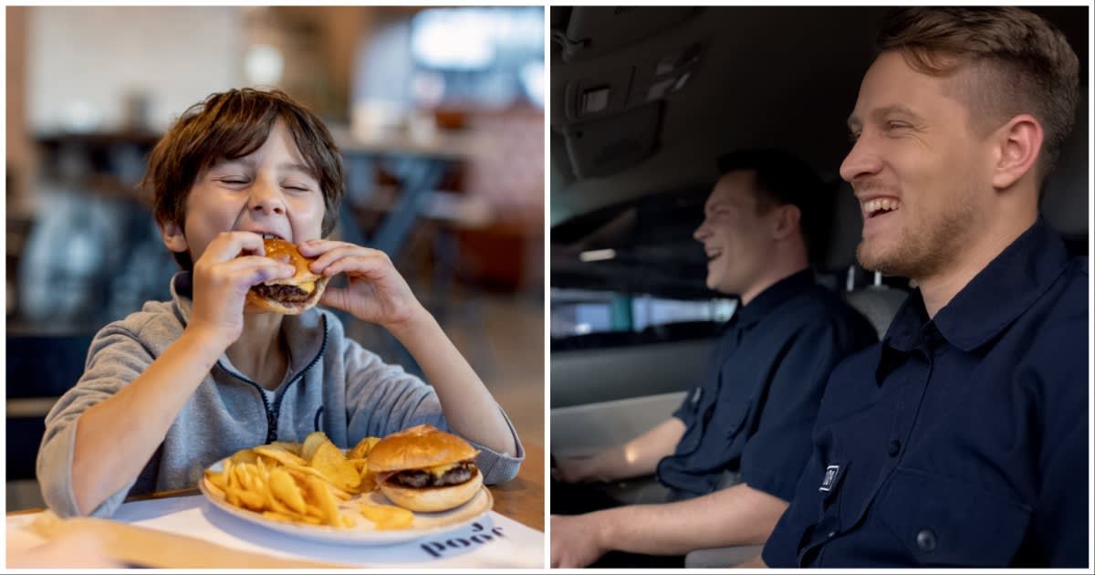 (L ) A kid enjoying a meal alone at a restaurant ; (R) Two cops laughing at something (Representative Cover Source: Getty Images | Photo by (L) Thanasis Zovoilis ; (R) Motortion)