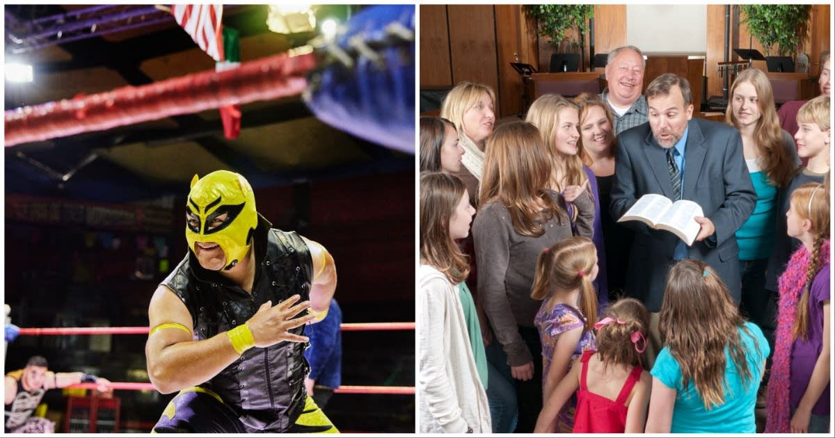 (L ) A luchador posing for the camera; (R) A priest with a group of kids (Representative Cover Source: Getty Images | Photo by (L) Thomas Barwick ; (R) Lokibaho)