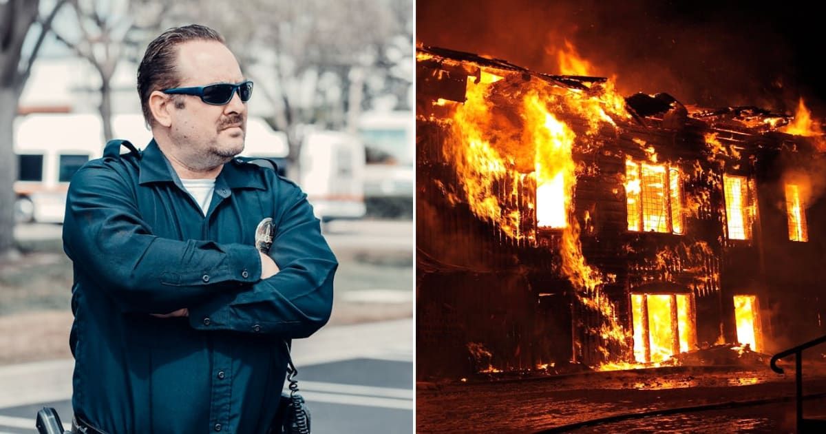 (L) Police officer standing on a street. (R) A house on fire. Representative Cover Image Source: Pexels | Kindel Media; Vladimir Shipitsin