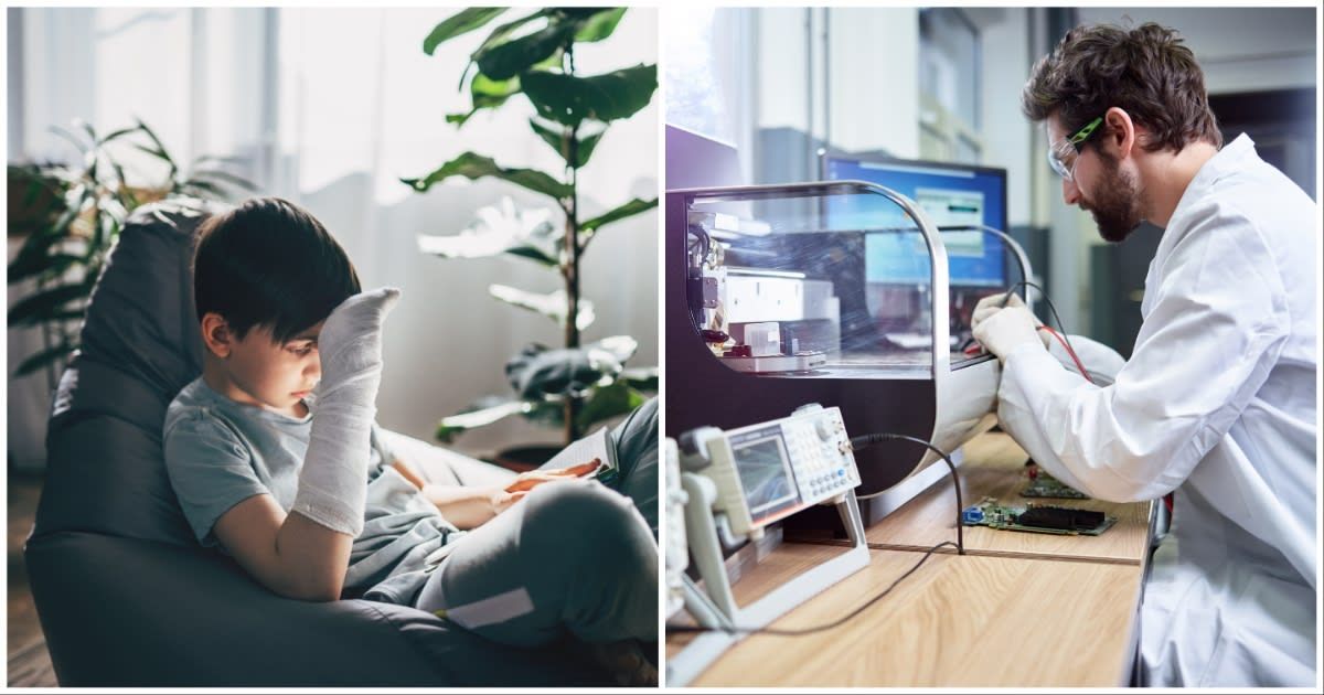 (L ) A kid with a missing hand, reading a book ; (R) A person creating something using a 3D printer (Representative Cover Source: Getty Images | Photo by (L) Westend61 ; (R) Kseniya Ovchinnikova)