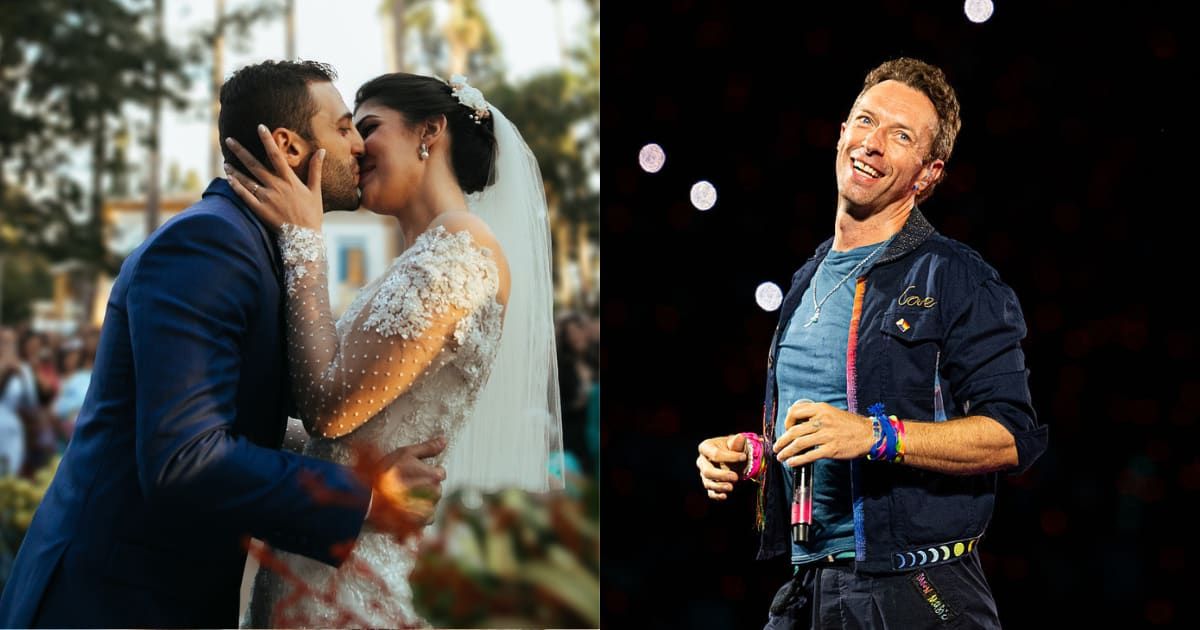 (L) Birde and Groom at the altar, kissing (R) Chris Martin onstage at Wembley Stadium on August 22, 2025 in London, England; Cover Image Source: Getty | (L) stock photo (R) Samir Hussein 