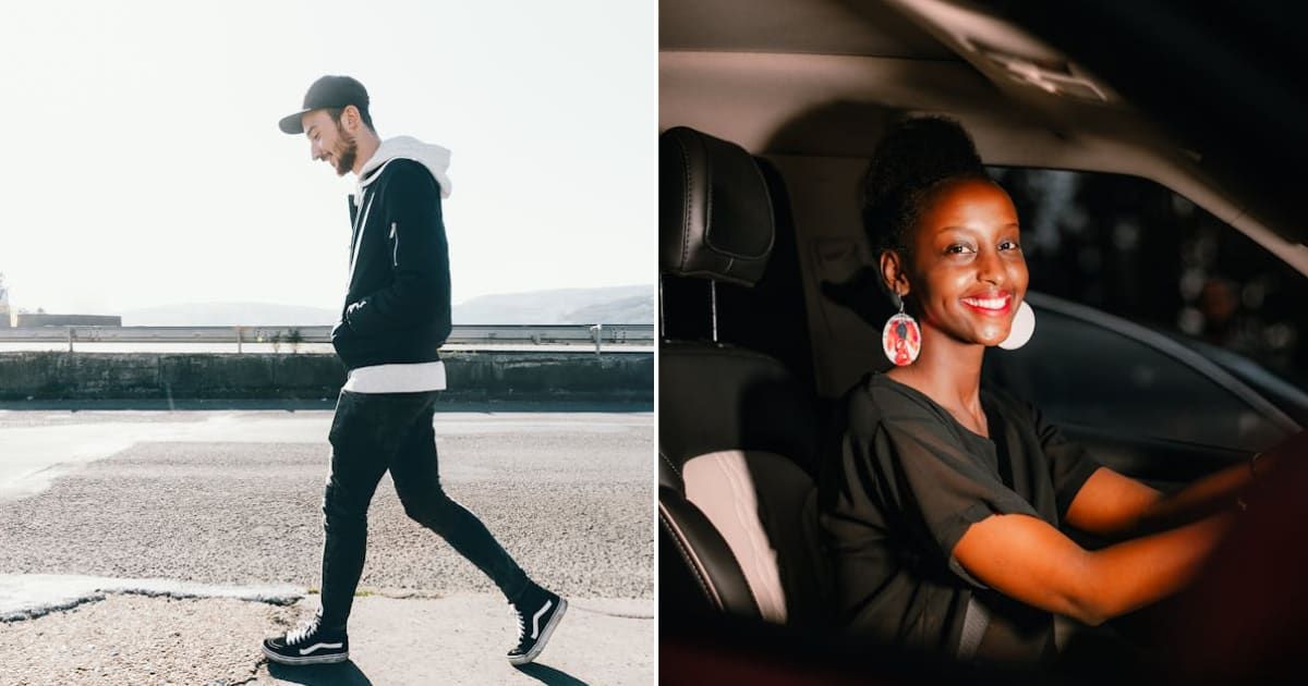 (L) Man walking on the road. (R) Woman driving a car. Representative Cover Image Source: Pexels | Lukas Rychvalsky; Louis de Gonzague Kubwimana