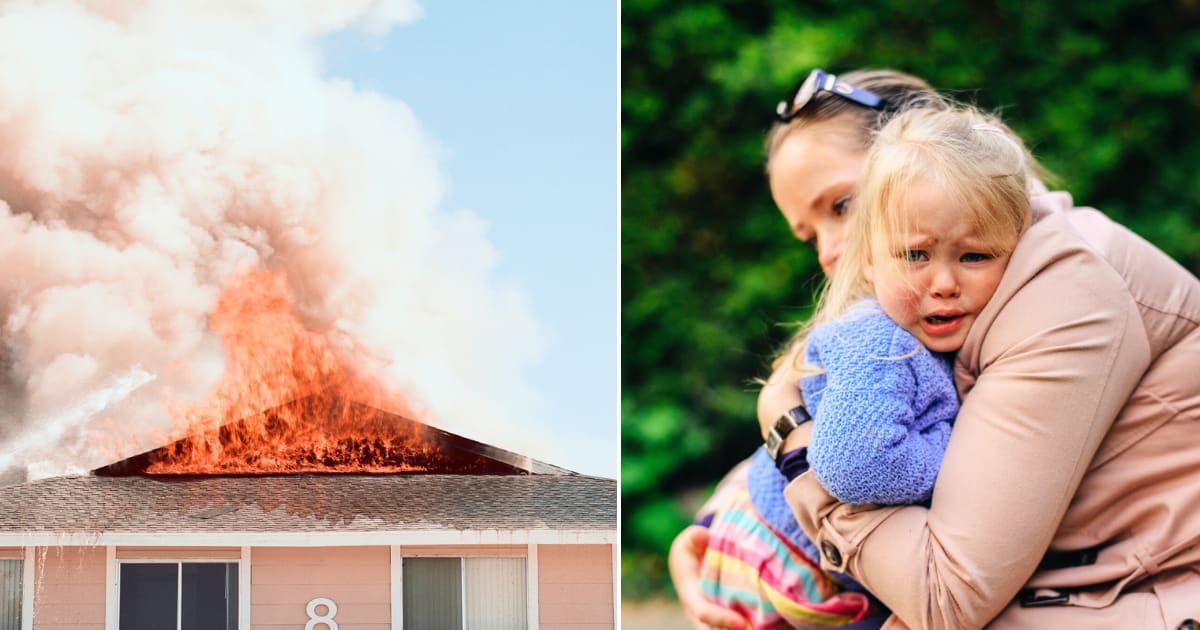 (L)   A building on fire. Representative Cover Image Source: Getty Images | Erik Von Weber (R) A woman embracing a toddler who is crying. Representative Cover Image Source: Getty Images | Guido Mieth