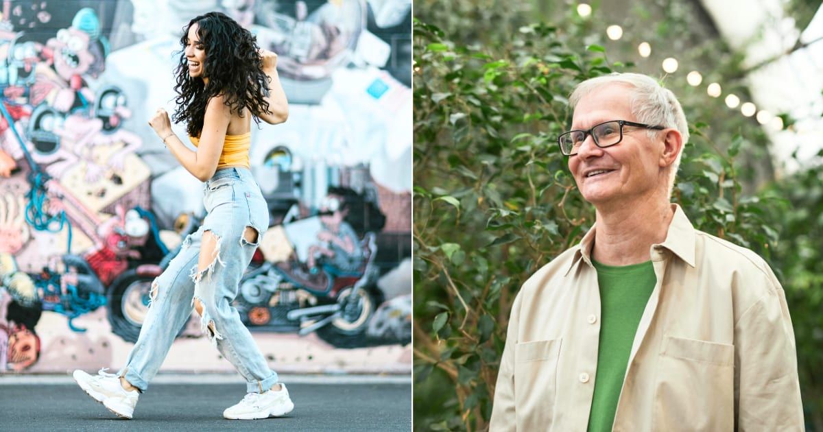 (L) Woman enjoying herself while dancing on street. (R) Elderly man smiling as he looks on. (Representative Cover Image Source: Pexels| L -RDNE Stock Project, R - Marcus Aurelius)