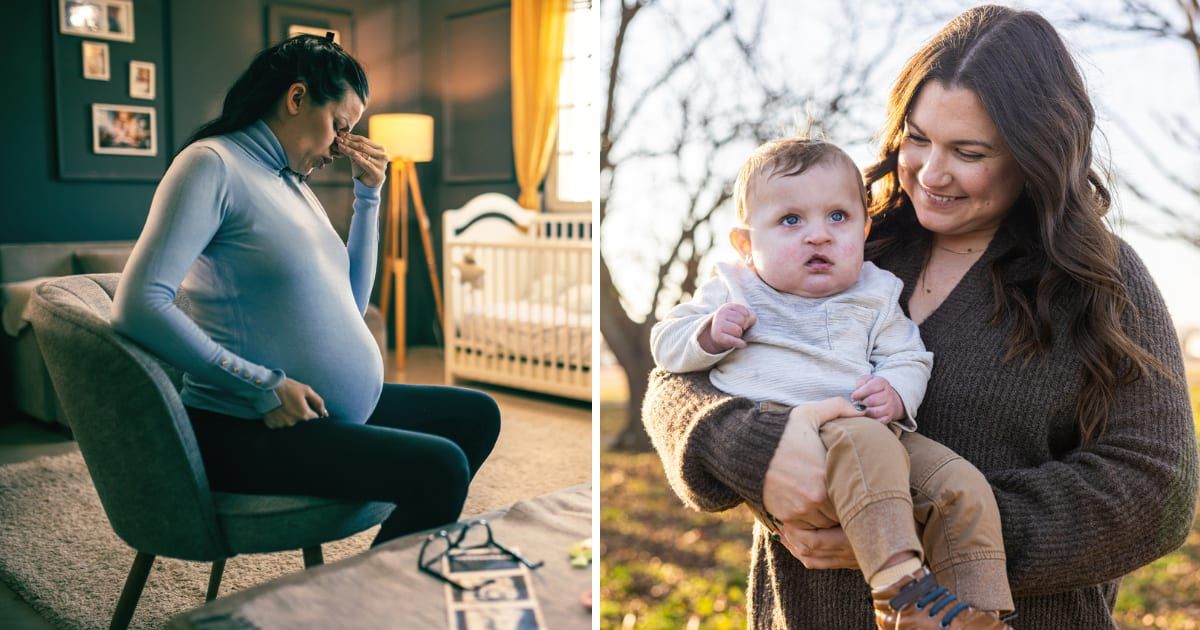 (L) Pregnant mom sitting holding her tummy, looking worried (R) Mom holding child with cleft lip; Representative Cover Image Source: Getty | stock photo