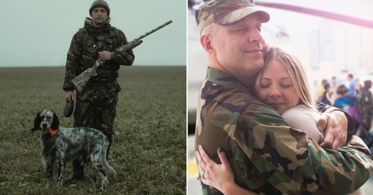 (L) A solider at work. (R) A soldier hugging a family member. Representative Cover Image Source: Pexels | Tima Miroshnichenko; Getty Images | Jose Luis Pelaez Inc.
