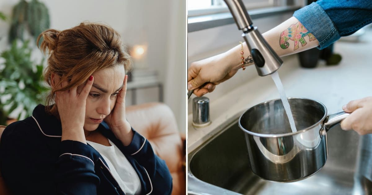 (L) Worried woman holding her head (R) Person using running tap water to fill utensil; Representative Cover Image Source: Pexels | (L) Karola G (R) RDNE Stock Project