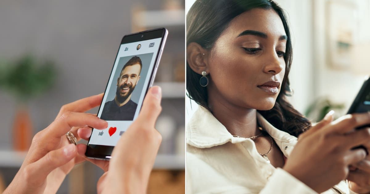 (L) Woman swiping on man's photo on dating app (R) Woman looking at her phone with a grim expression. Representative Cover Image Source: Getty | (L) stock photo; (R) Jacob Wackerhausen