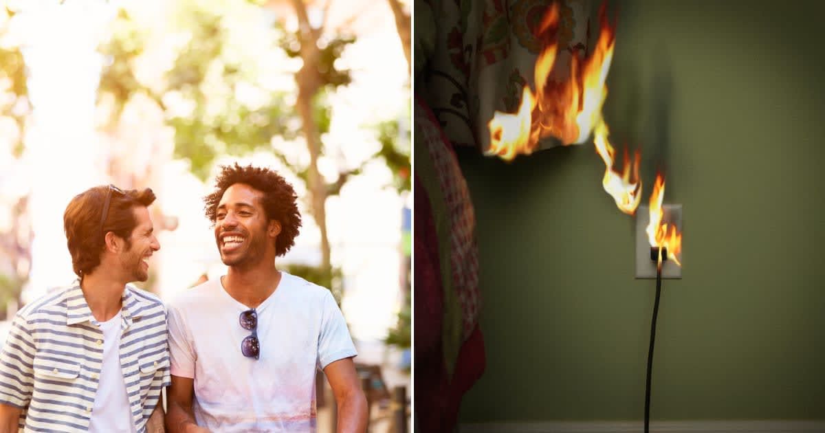 (L) Two young men walking outdoors. Representative Cover Image Source: Getty Images | Morsa Images (R)  Electrical outlet and curtain on fire. Representative Cover Image Source: Getty Images | Steven Puetzer