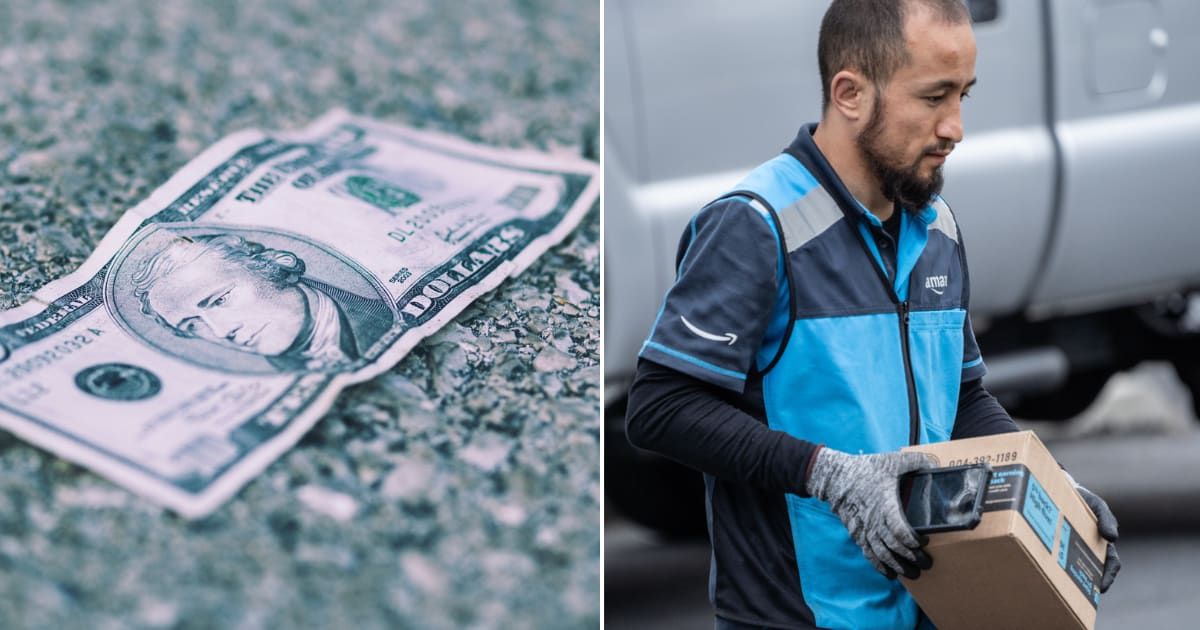(L) A dollar bill lying on the road. (R) Amazon driver delivering a parcel. Representative Cover Image Source: Getty Images | A. Martin UW Photography; arlutz73