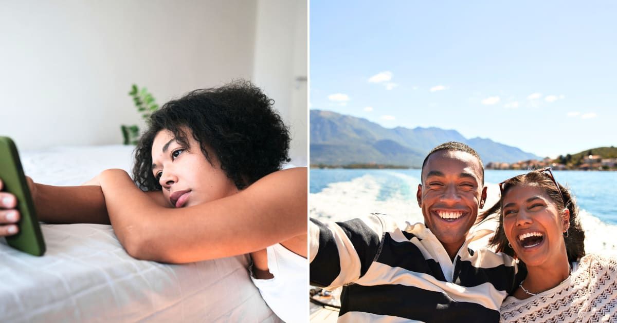 (L) A woman feeling sad, checking phone.  Representative Cover Image Source: Getty Images | MementoJpeg (R) A happy couple in a boat. Representative Cover Image Source: Getty Images | Klaus Vedfelt