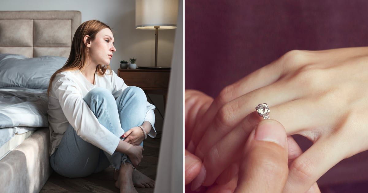 (L) A sad woman sitting alone by the window. Representative Cover Image Source: Getty Images | MementoJpeg (R) A man placing a diamond engagement ring on a woman's hand. Representative Cover Image Source: Getty Images | Elizabeth Fernandez
