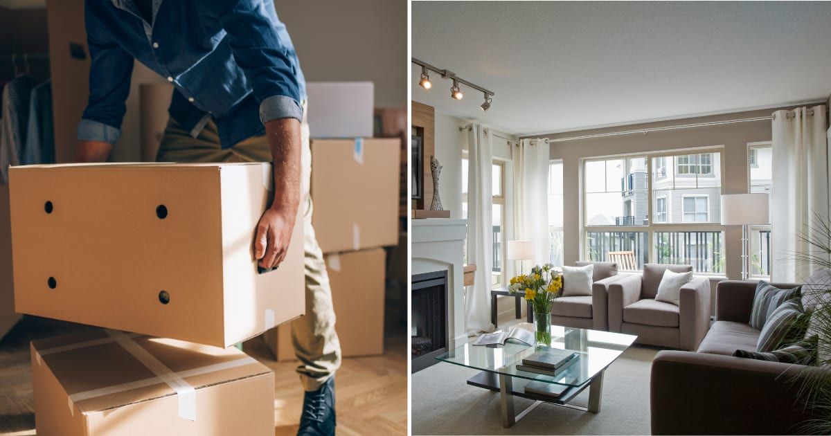 (L) A man moving in with his boxes. (R) A living room with two sofas. (Representative Cover Image Source: Getty Images | (L) FreshSplash, (R) Roger Brooks)