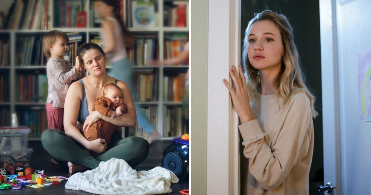 (L) Mother feeling exhausted after handling kids and household chores. (Representative Cover Image Source: Getty Images | Photo by Natalia Lebedinskaia); (R) Woman standing near door. (Representative Cover Image Source: Pexels | Photo by cottonbro studio)