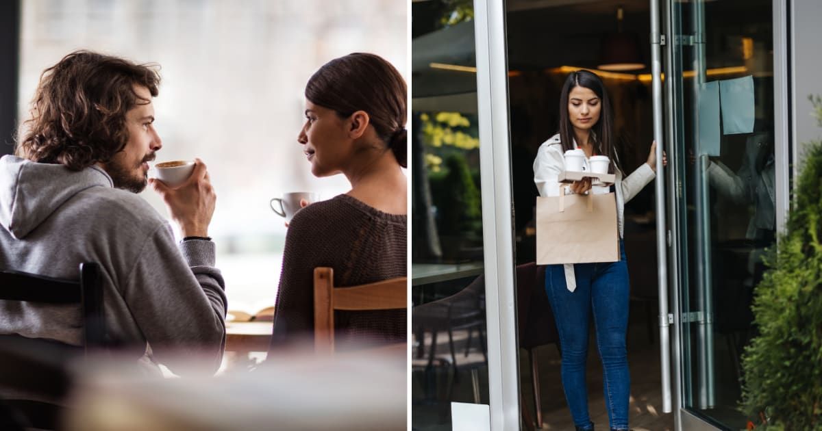 (L) A couple on coffee date. (R) A woman walking out of coffee shop. (Representative Cover Image Source: Getty Images | (L) skynesher, (R) bojanstory)