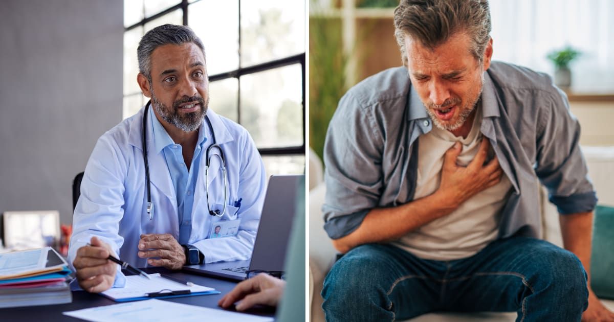 (L)  Doctor speaking with patient. (R) A man with chest pain. (Representative Cover Image Source: Getty Images | (L) Ridofranz, (R) milorad kravic)