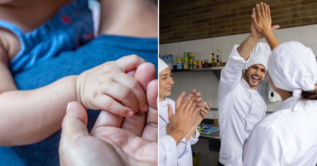 (L)  A man and an infant holding hands. Representative Cover Image Source: Getty Images | boonchai wedmakawand (R)  A group of chefs laughing and talking in the kitchen. Representative Cover Image Source: Getty Images | andresr