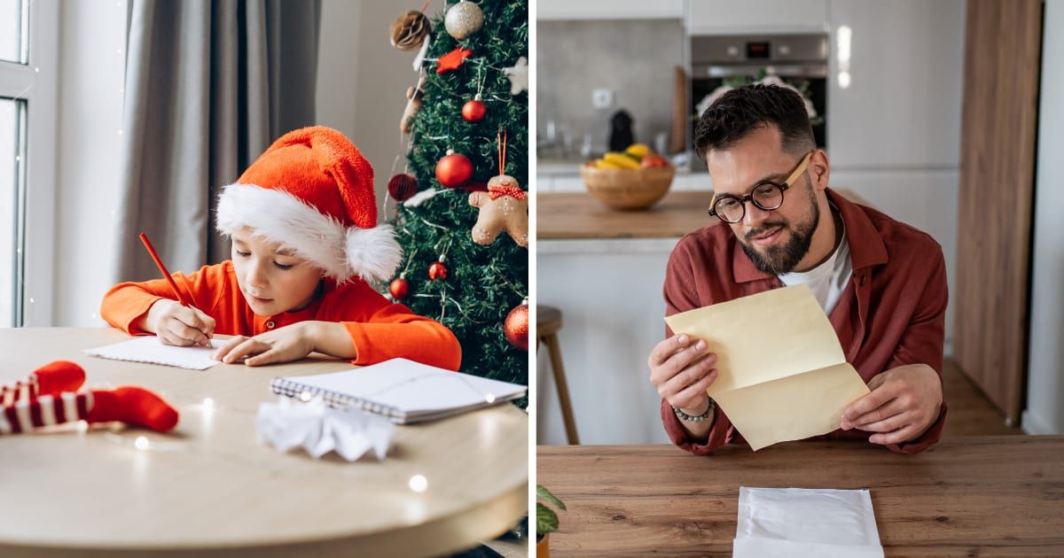 (L) Boy writing letter to santa. (R) Man reading letter. (Representative Cover Image Source: Getty Images | (L) Olha Danylenko, (R) Mirjana Pusicic)