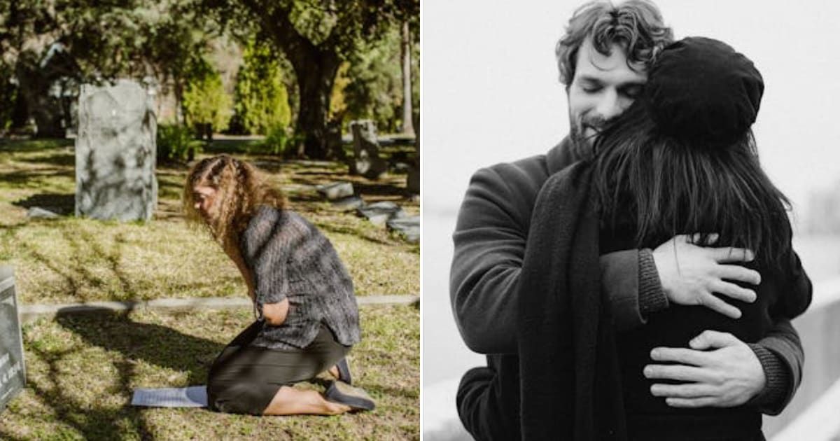 (L) Woman crying close to a grave. (R) Man hugging a woman. Representative Cover Image Source: Pexels | RDNE Stock project; cottonbro studio