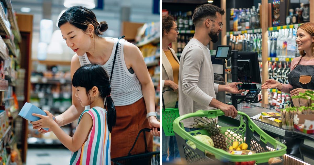 (L) Mother-daughter duo shopping at a store; (R) Customers standing in queue for billing (Cover Image source: GettyImages | Photo by (L) d3sign; (R) filadendron) 
