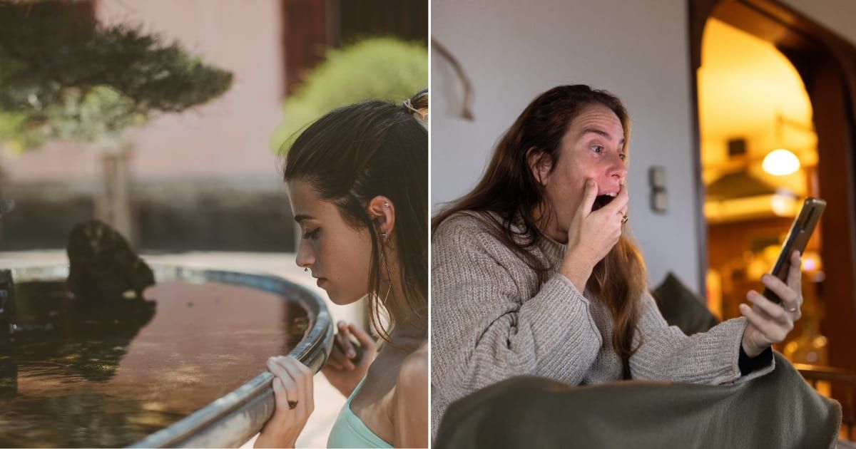 (L) A woman praying in front of a wishing well. (R) A woman shocked looking at her phone. (Representative Cover Image Source: Getty Images | (L) NuriaE, (R) Corinna Kern)