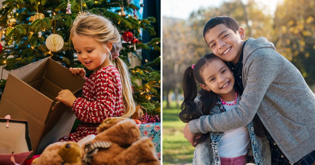 (L) A little girl sitting beside a Christmas tree, looking at gifts; (R) A brother-sister duo (Cover Image source: Getty Images |  (L) Guido Mieth; (R) PeopleImages) 