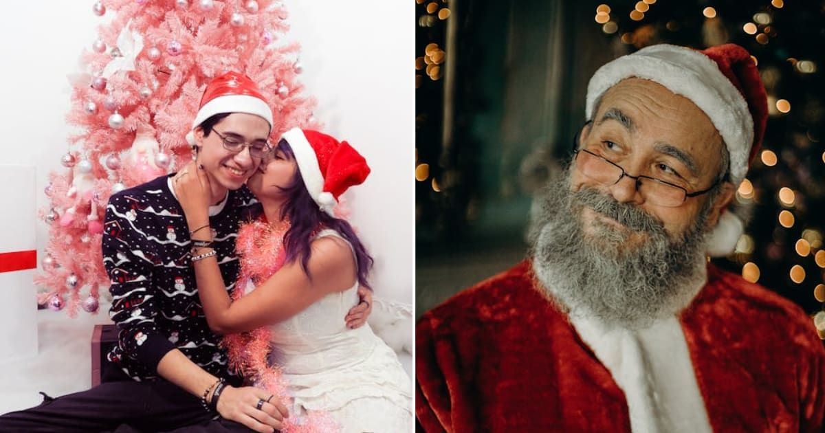 (L) Couple celebrating Christmas. (R) Man in Santa Claus attire. Representative Cover Image Source: Pexels | Ericka Sánchez; cottonbro studio
