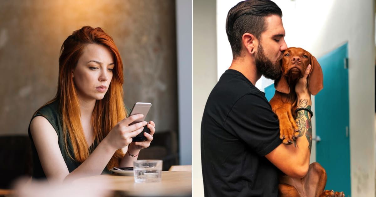 (L) A woman waiting for a text reply; (R) Man kissing dog. (Cover image source: (L) Getty Images | Photo by mihailomilovanovic ; (R) Pexels | Photo by Charles Roth)