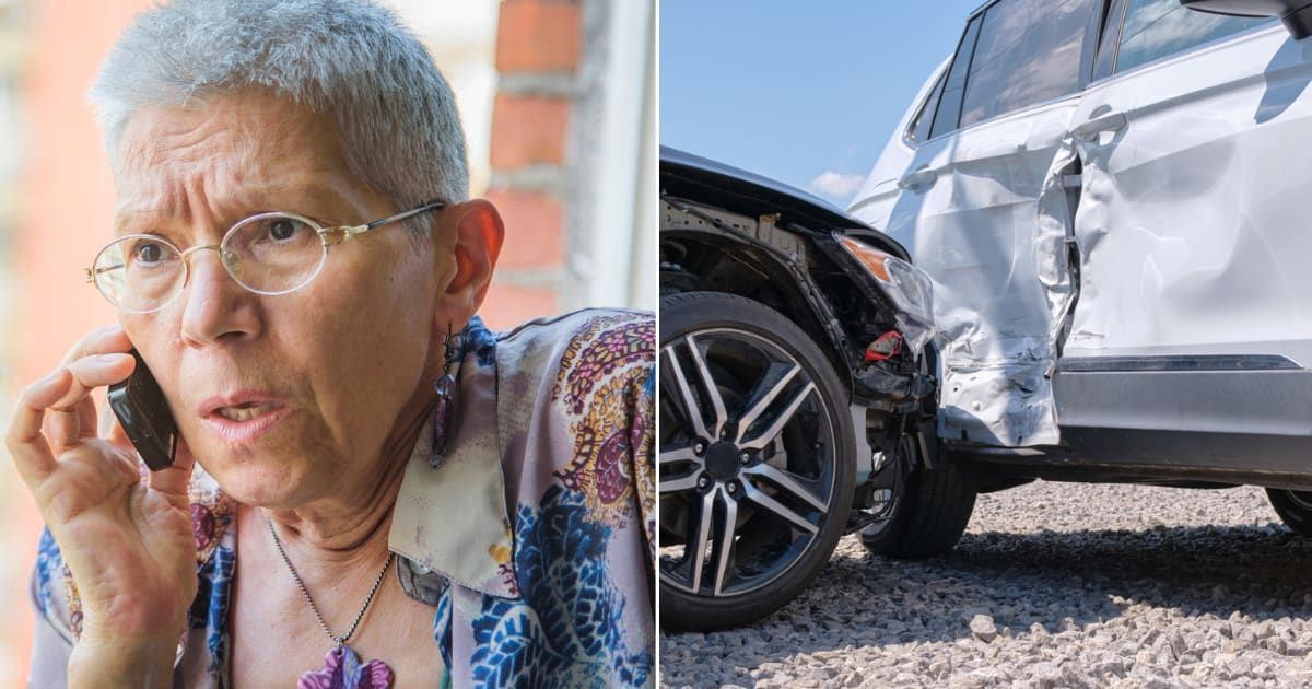 (L) Panicked woman talking on phone. (R) Damaged in heavy car accident vehicles. Representative Cover Image Source: Getty Images | (L) Teolazarev; (R) Bilanol