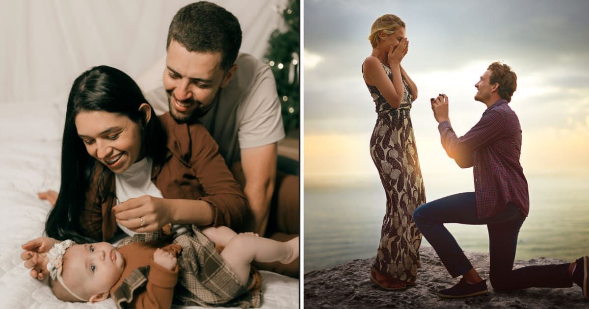 (L) A young couple with their daughter; (R) A man proposing to his girlfriend. (Representative Cover image source: (L) Pexels | Alexander Mass; (R) Getty Images | Cecilie_Arcurs)
