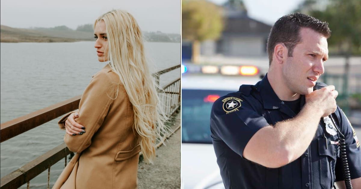 (L) Distressed woman on a bridge. (R) Police officer on duty. Representative Cover Image Source: (L) Pexels | Maryia Plashchynskaya; (R) Getty | kali9