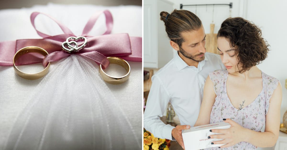 (L) Wedding rings on pillow; (R) Husband giving a gift to his wife. (Representative Cover Image Source: Pexels | Photo (L) Pixabay; (R) Antoni Shkraba Studio)
