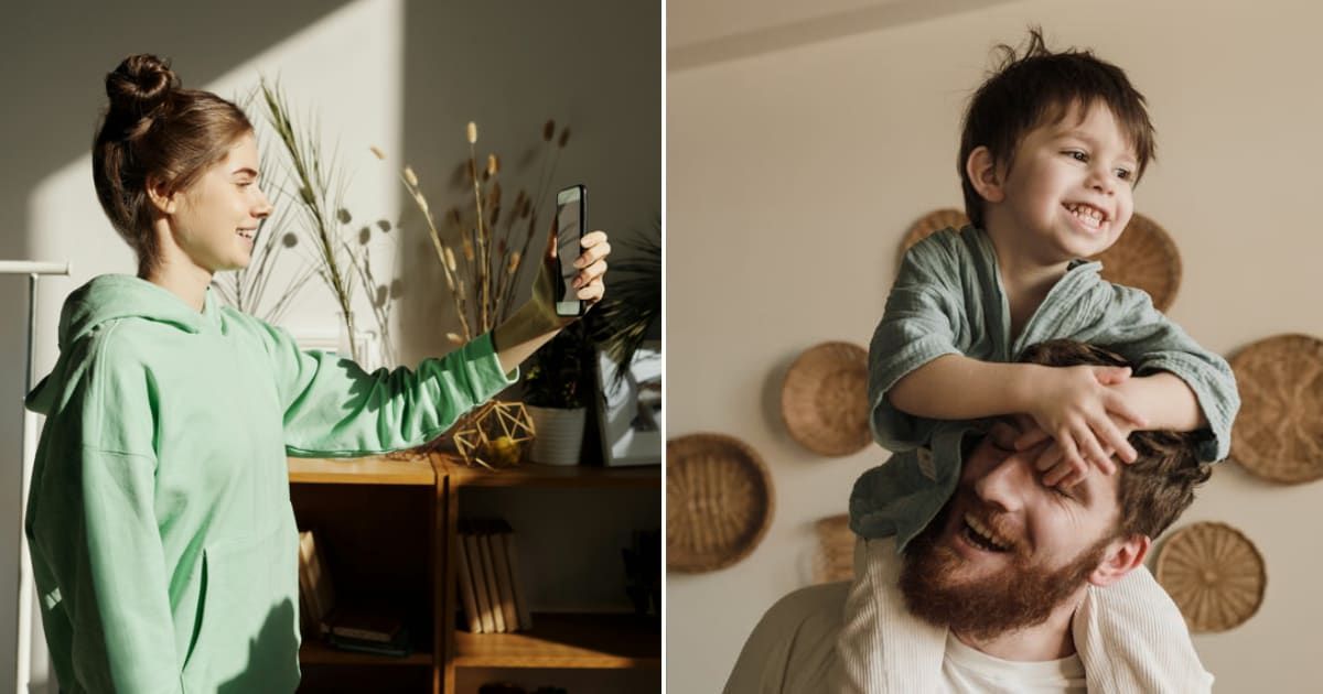 (L) Woman recording. (R) Boy and dad playing with each other. Representative Cover Image Source: Pexels | Julia M Cameron; Arina Krasnikova