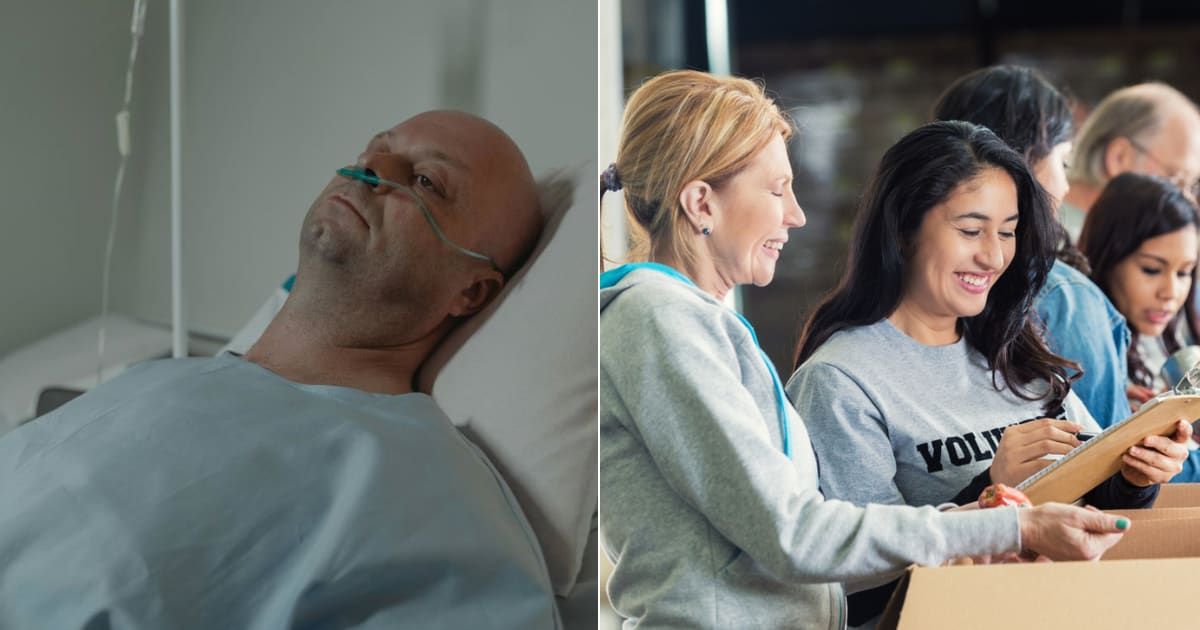 (L) Man with cancer in hospital undergoing chemotherapy. (R) Adults packing donation boxes in charity. (Representative Cover Image Source: Getty | (L) Tima Miroshnichenko; (R) SDI Productions)