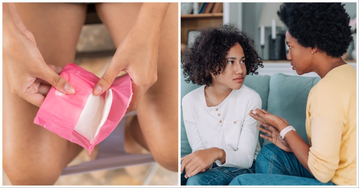 (L ) A woman opening a sanitary pad ; (R) A mother engaging in a conversation with her son (Representative Cover Source: Getty Images | Photo by (L) VioletaStoimenova ; (R) Guillermo Spelucin)