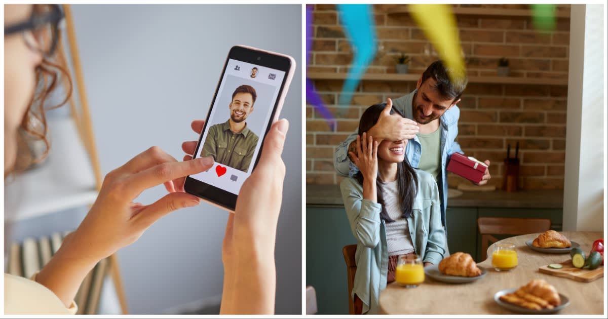 (L ) A woman checking a man's dating profile ; (R) A man surprising his date with a gift (Representative Cover Source: Getty Images | Photo by (L) Lacheev; (R) skynesher)