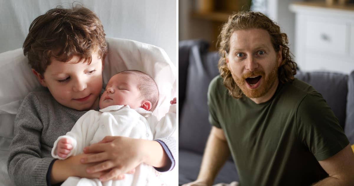 (L) A young boy holding a newborn. (R) A shocked man. (Representative Cover Image Source: Getty Images | (L) Catherine Delahaye, (R) DjeclicS)