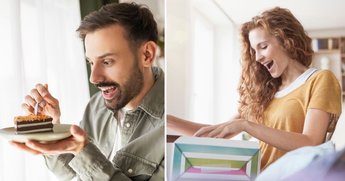 (L) Man with a cake. (R) A woman surprised looking at box. (Representative Cover Image Source: Getty Images | (L) Nastasic, (R) Westend61)