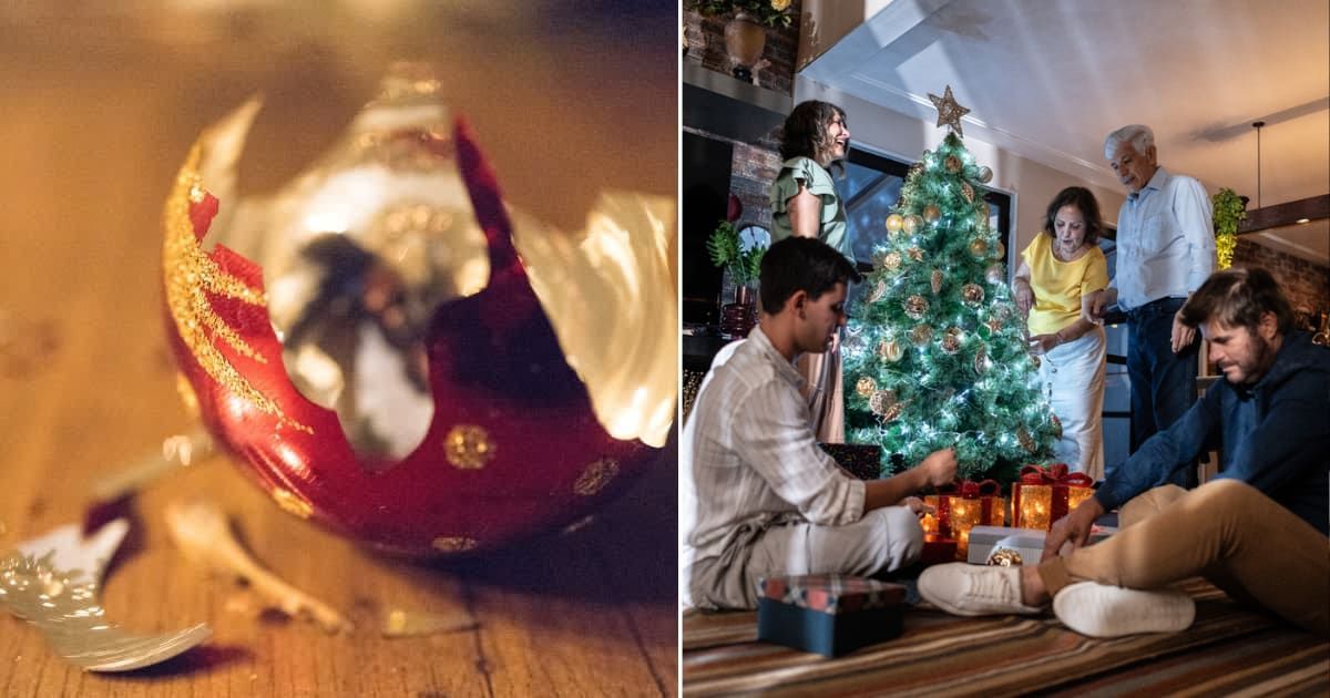 (L) A shattered piece of glass Christmas bauble; (R) Family decorating the christmas. (Cover image source: Getty Images | Photo by (L) Christina Reichl Photography; (R) FG Trade)
