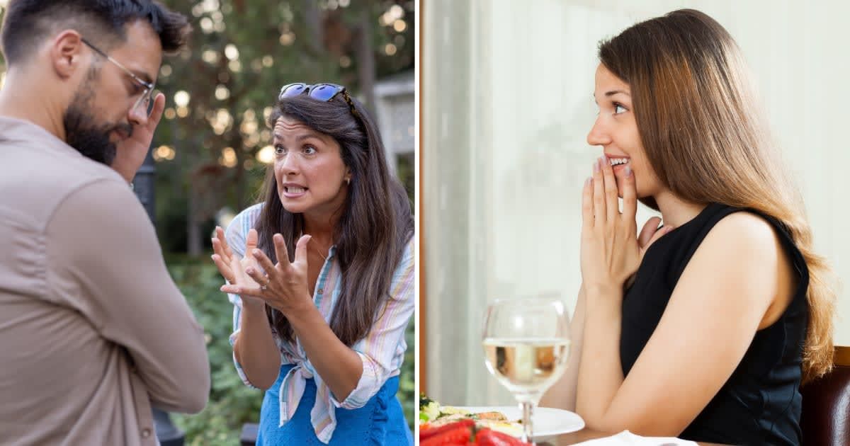 (L) woman shouting at partner. (R) Woman surprised with proposal at dinner. (Representative Cover Image Source: Getty Images | (L) Vladimir Vladimirov, (R) JackF)