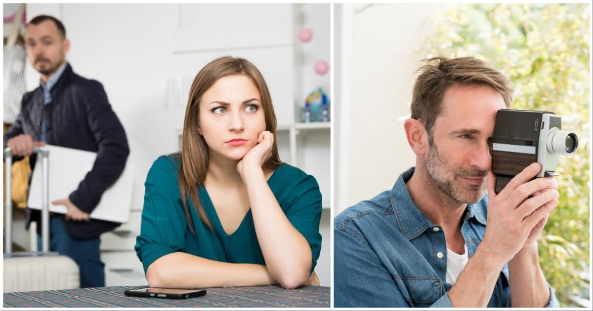 (L) A husband leaving his wife for someone else ; (R) A man capturing something on his camcorder (Representative Cover Source: Getty Images | Photo by (L) JackF ; (R) Westend61)