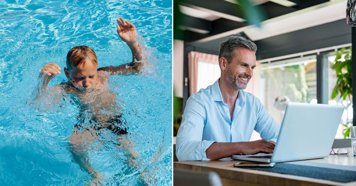 (L) A young boy drowning in pool. (R) A middle-aged man using laptop. (Representative Cover Image Source: Getty Images | (L) Elena Lavrinovich, (R) Westend61)