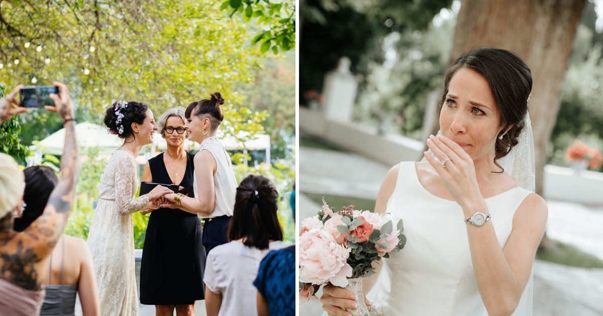 (L) Lesbian couple at wedding. (R) Bride crying. (Representative Cover Image Source: Getty Images | (L) Hinterhaus productions, (R) Xrobak)