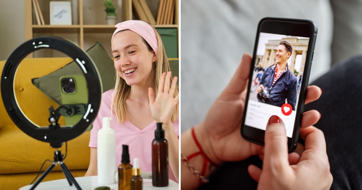 (L) A content creator in front of camera. (R) A woman using dating app. (Representative Cover Image Source: Getty Images | (L) FujiCraft, (R) Luis Alvarez)