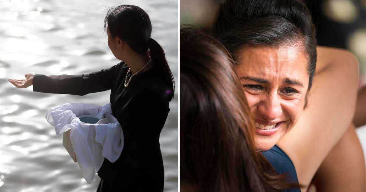 (L) Woman scattering ashes from an urn. (R) Woman happy crying hugging woman. (Representative Cover Image Source: Getty Images | (L) Runstudio, (R) Steve Peixotto Photography)